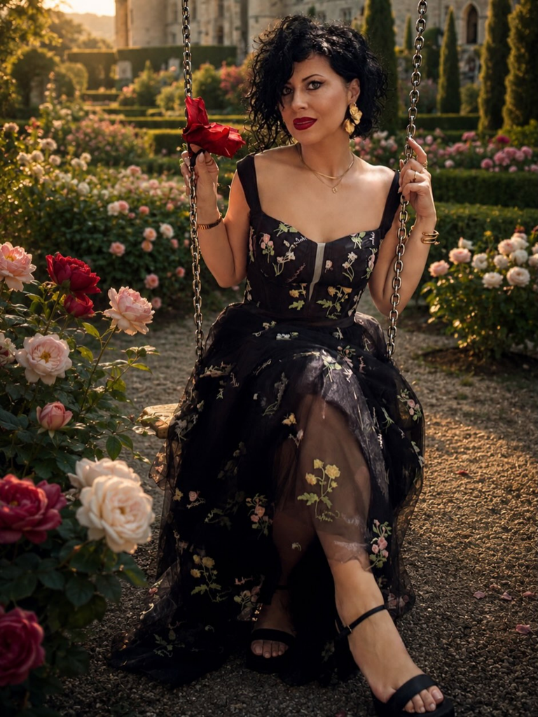 Robe en maille florale à lacets et baleines des années 1930