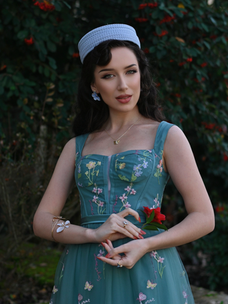 Robe en maille florale à lacets et baleines des années 1930