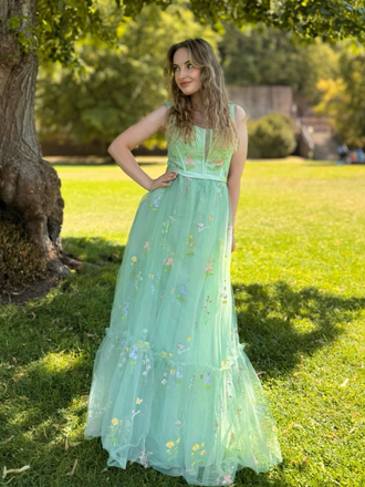 Robe en maille florale à lacets et baleines vert clair années 1930