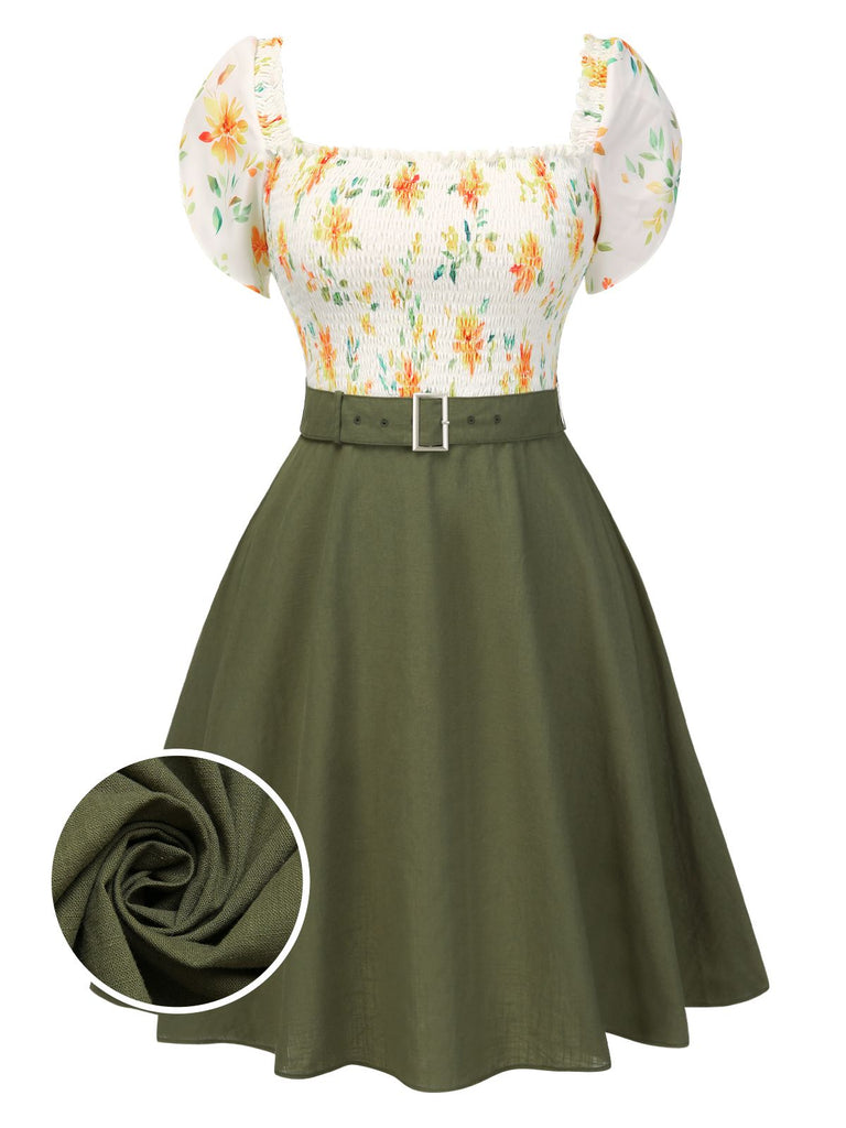 [Prévente] [Grande taille] Robe vert militaire fleur ceinturée années 1950