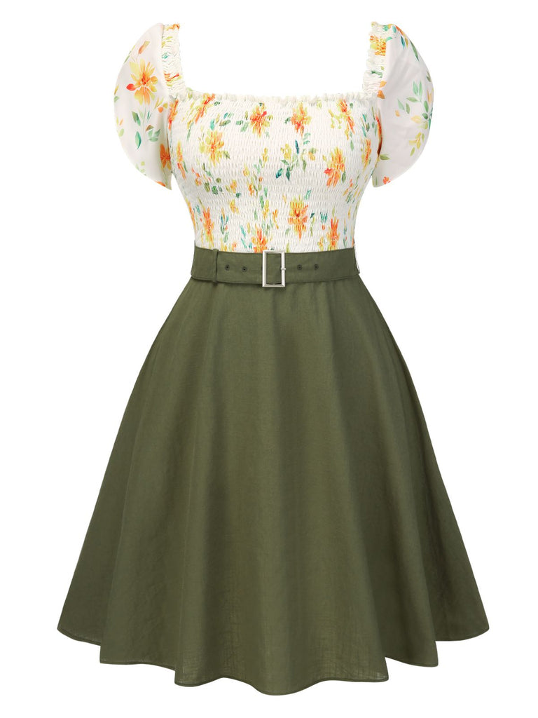 [Prévente] [Grande taille] Robe vert militaire fleur ceinturée années 1950