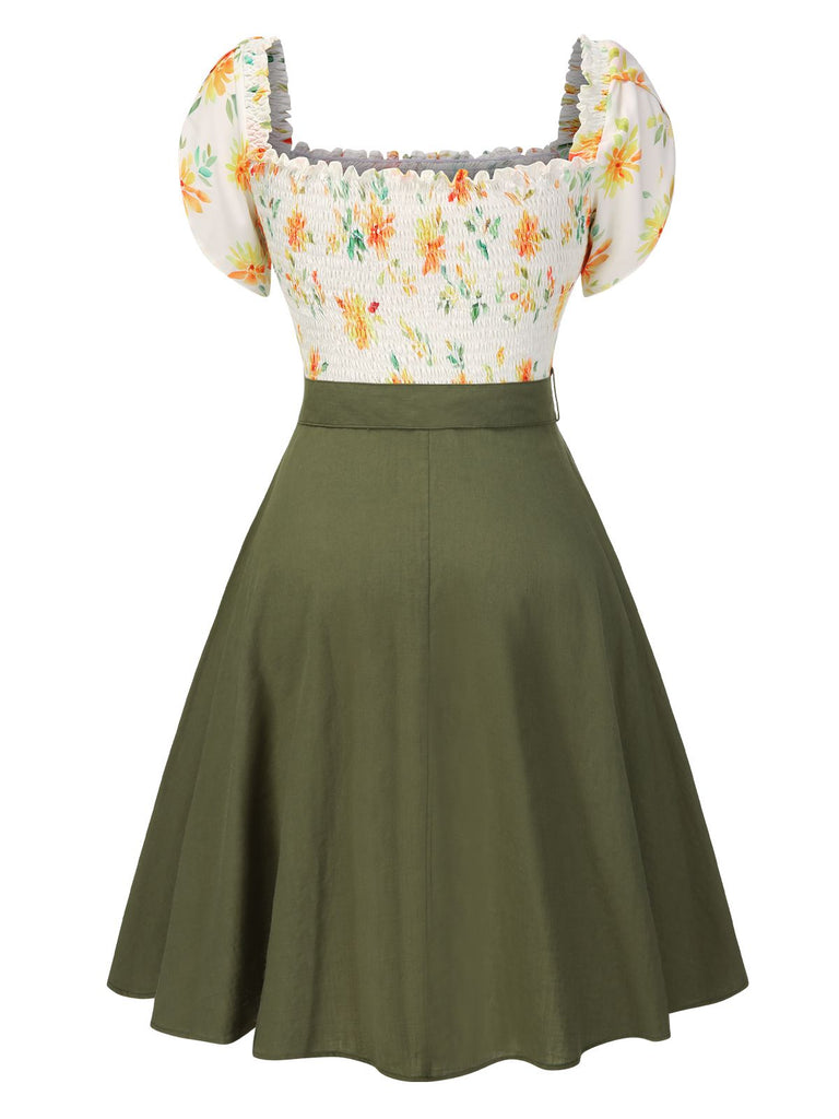 [Prévente] [Grande taille] Robe vert militaire fleur ceinturée années 1950