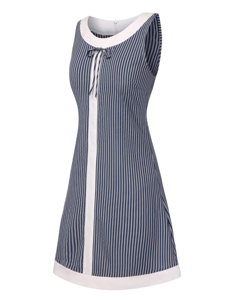 [Prévente] Robe trapèze bleu-gris à rayures et nœud années 1960