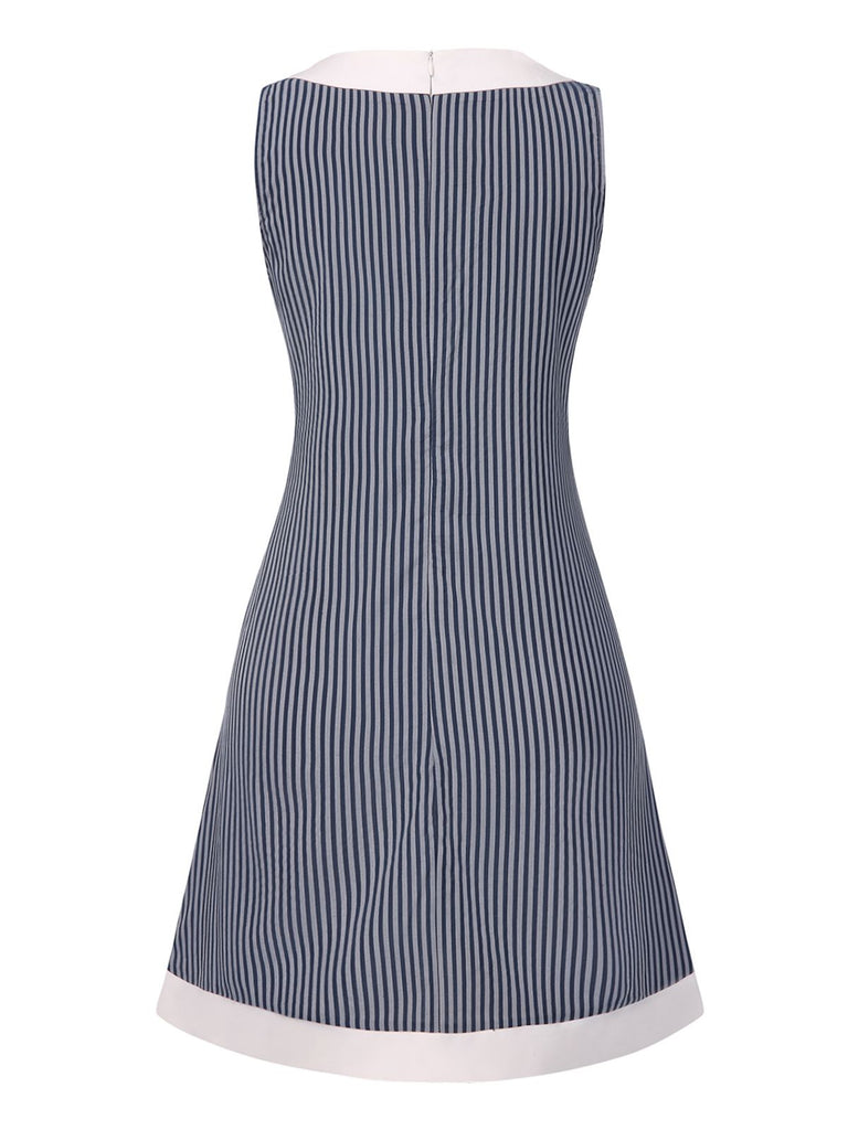 [Prévente] Robe trapèze bleu-gris à rayures et nœud années 1960