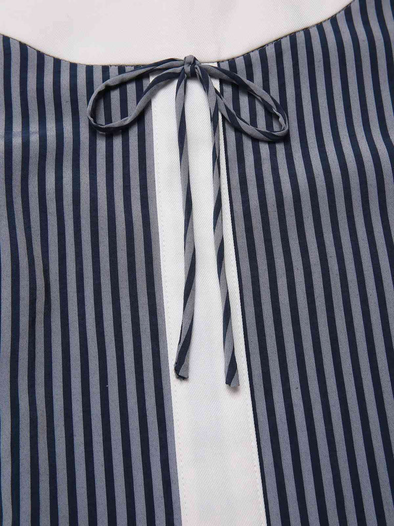 [Prévente] Robe trapèze bleu-gris à rayures et nœud années 1960
