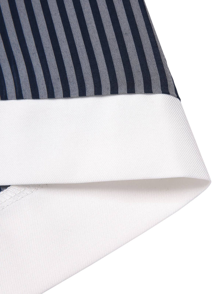 [Prévente] Robe trapèze bleu-gris à rayures et nœud années 1960