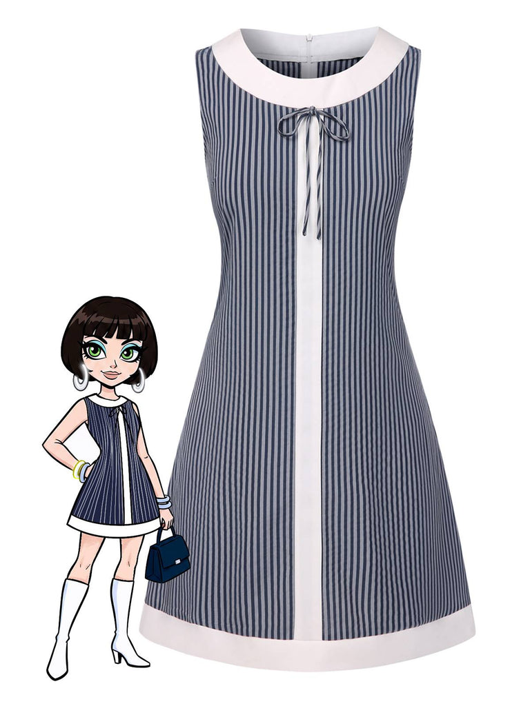 [Prévente] Robe trapèze bleu-gris à rayures et nœud années 1960