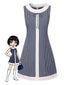 [Prévente] Robe trapèze bleu-gris à rayures et nœud années 1960