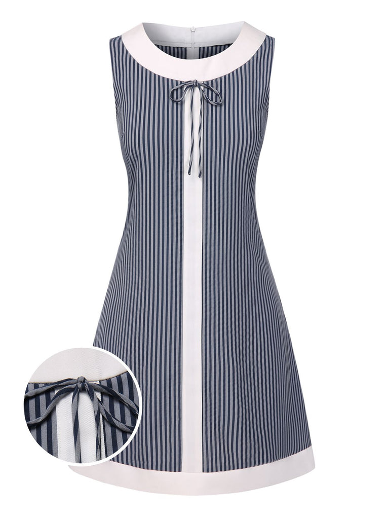 [Prévente] Robe trapèze bleu-gris à rayures et nœud années 1960