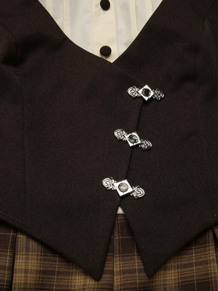 [Pré-vente] Combinaison faux 3 pièces à carreaux marron des années 1930 avec nœud