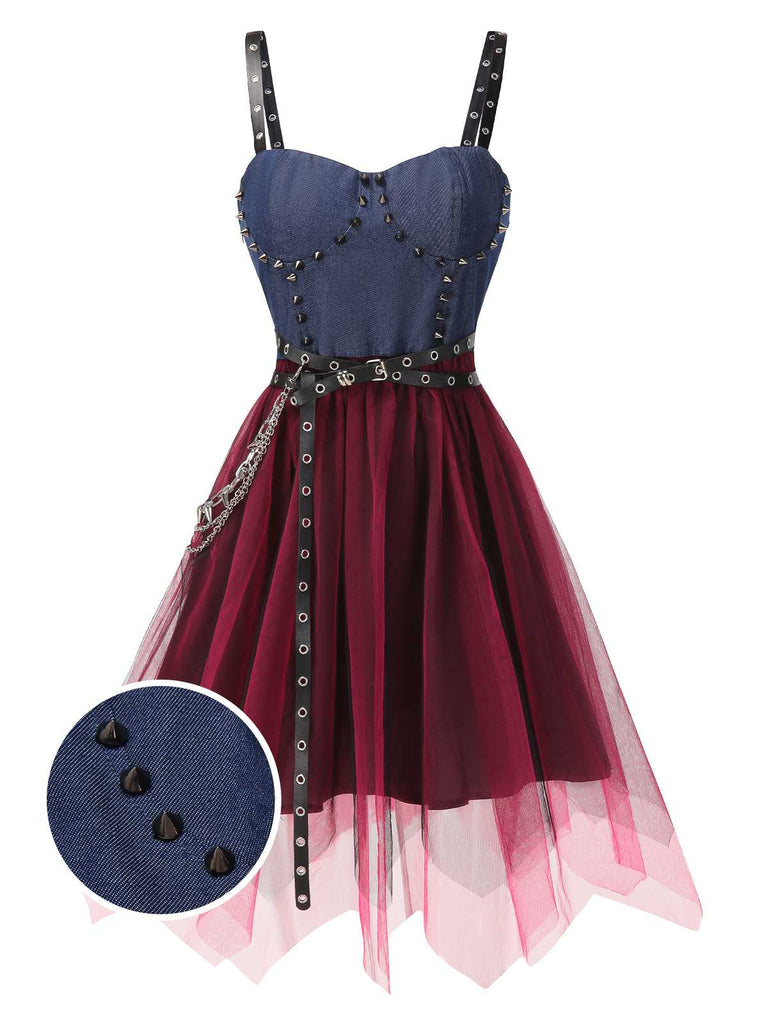 [Prévente] Robe punk en denim et tulle clouté années 1980