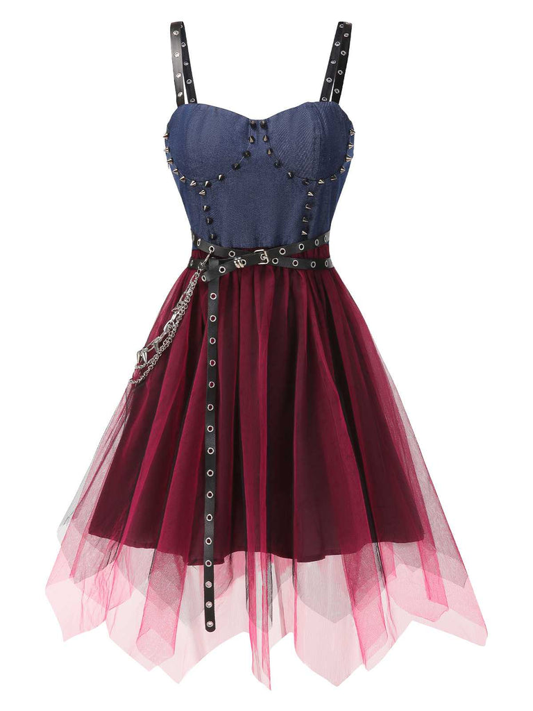 [Prévente] Robe punk en denim et tulle clouté années 1980