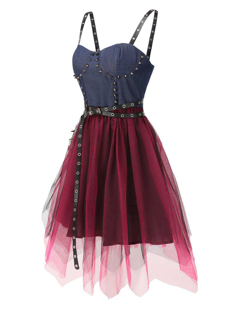 [Prévente] Robe punk en denim et tulle clouté années 1980