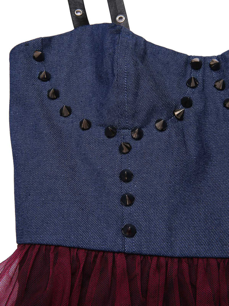 [Prévente] Robe punk en denim et tulle clouté années 1980