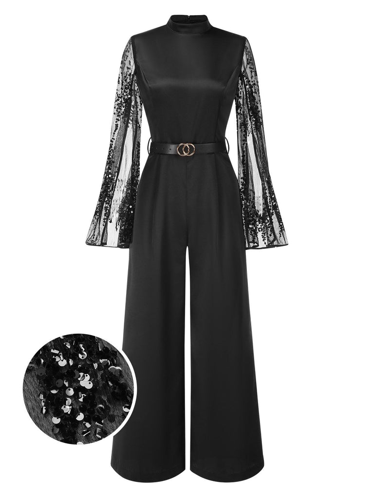 [Pré-vente] Combinaison noire en satin manches cape et paillettes des années 1970