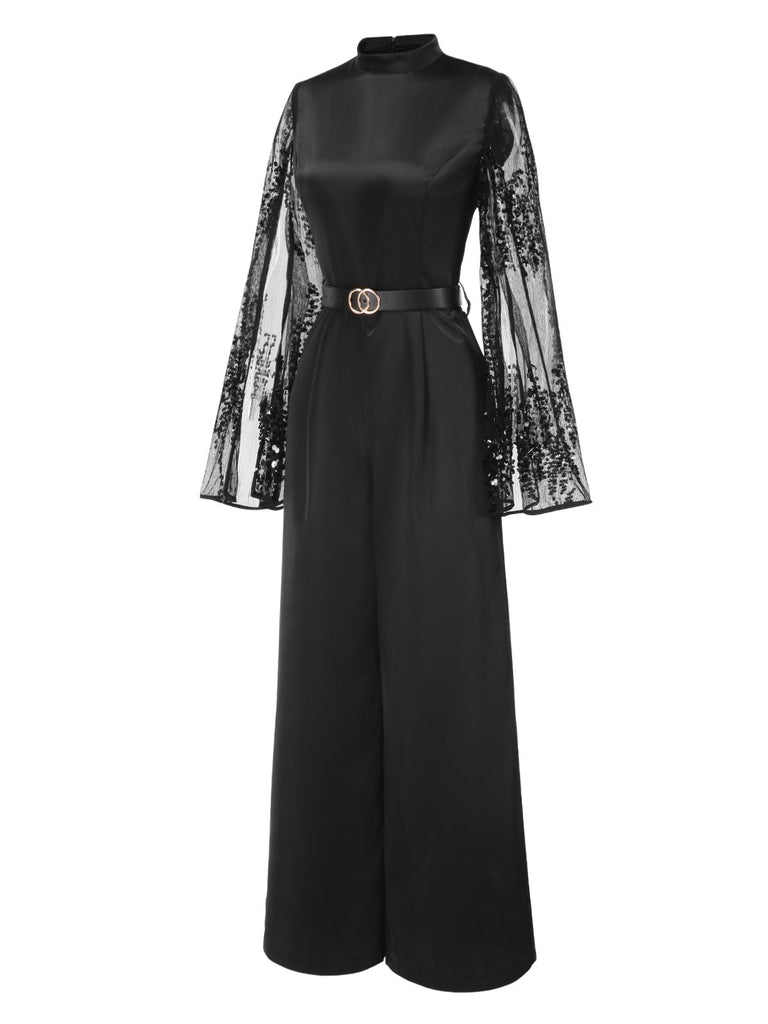 [Pré-vente] Combinaison noire en satin manches cape et paillettes des années 1970