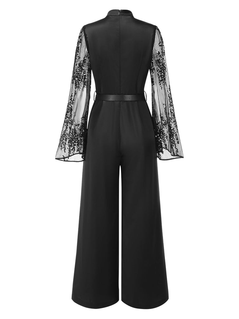 [Pré-vente] Combinaison noire en satin manches cape et paillettes des années 1970