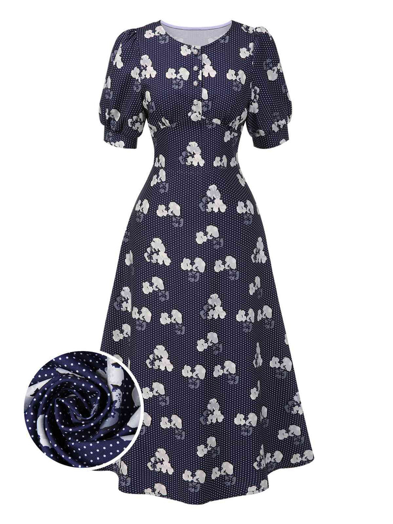 [Pré-vente] Robe bleue à pois manches bouffantes à fleurs des années 40