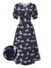 [Pré-vente] Robe bleue à pois manches bouffantes à fleurs des années 40