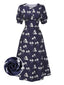 [Pré-vente] Robe bleue à pois manches bouffantes à fleurs des années 40