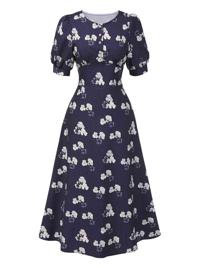 [Pré-vente] Robe bleue à pois manches bouffantes à fleurs des années 40