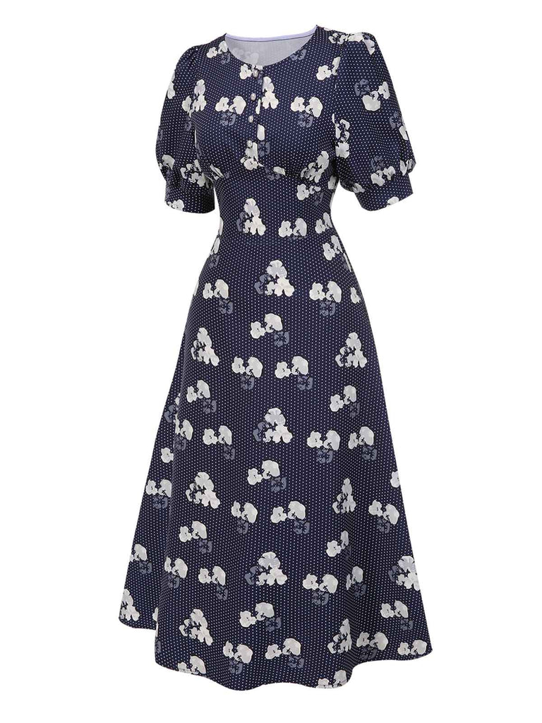 [Pré-vente] Robe bleue à pois manches bouffantes à fleurs des années 40