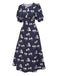 [Pré-vente] Robe bleue à pois manches bouffantes à fleurs des années 40
