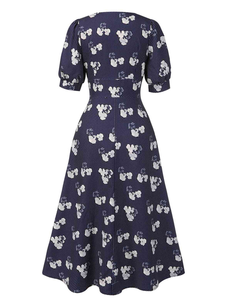 [Pré-vente] Robe bleue à pois manches bouffantes à fleurs des années 40