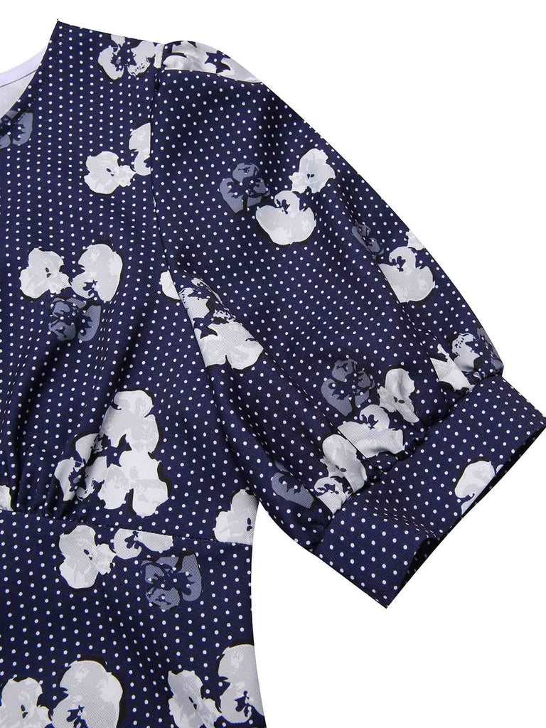 [Pré-vente] Robe bleue à pois manches bouffantes à fleurs des années 40