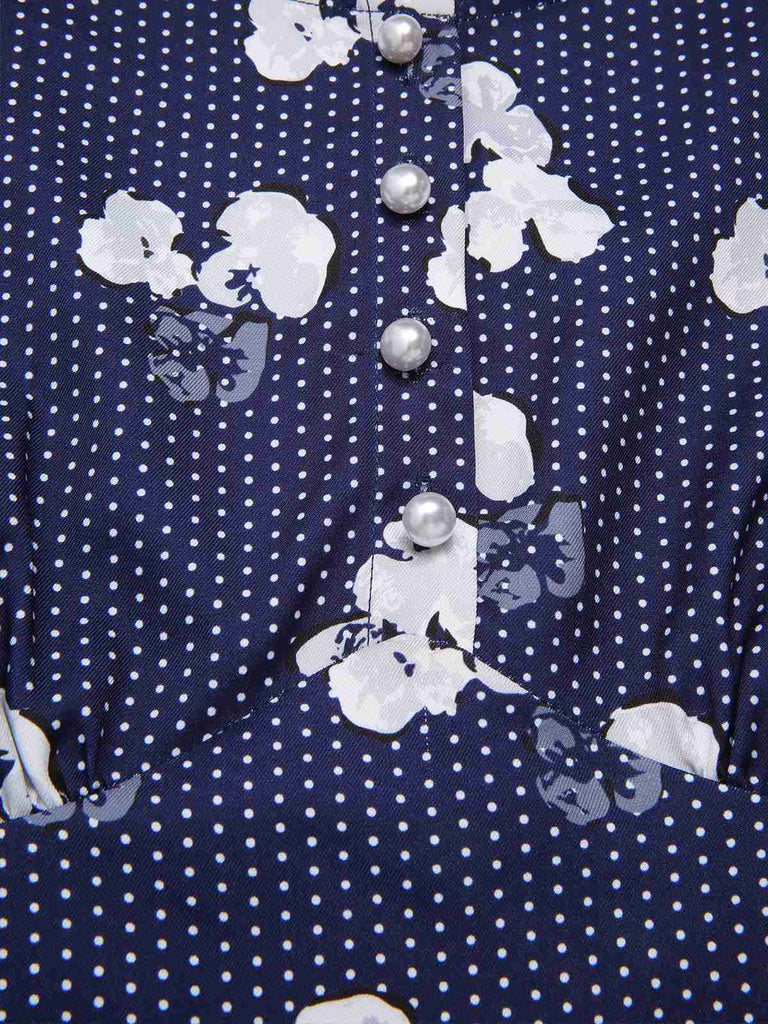 [Pré-vente] Robe bleue à pois manches bouffantes à fleurs des années 40