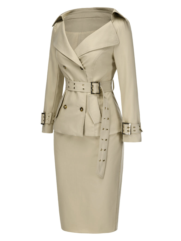 [Prévente] 2PCS veste ceinturée à revers et jupe crayon kaki des années 80