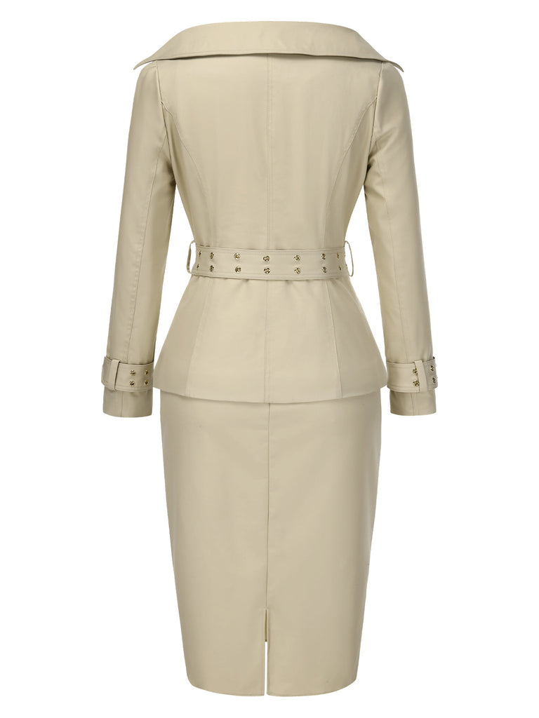 [Prévente] 2PCS veste ceinturée à revers et jupe crayon kaki des années 80