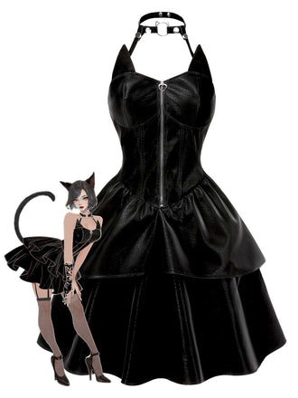 [Prévente] Robe en cuir noire fille chat Halloween années 1950
