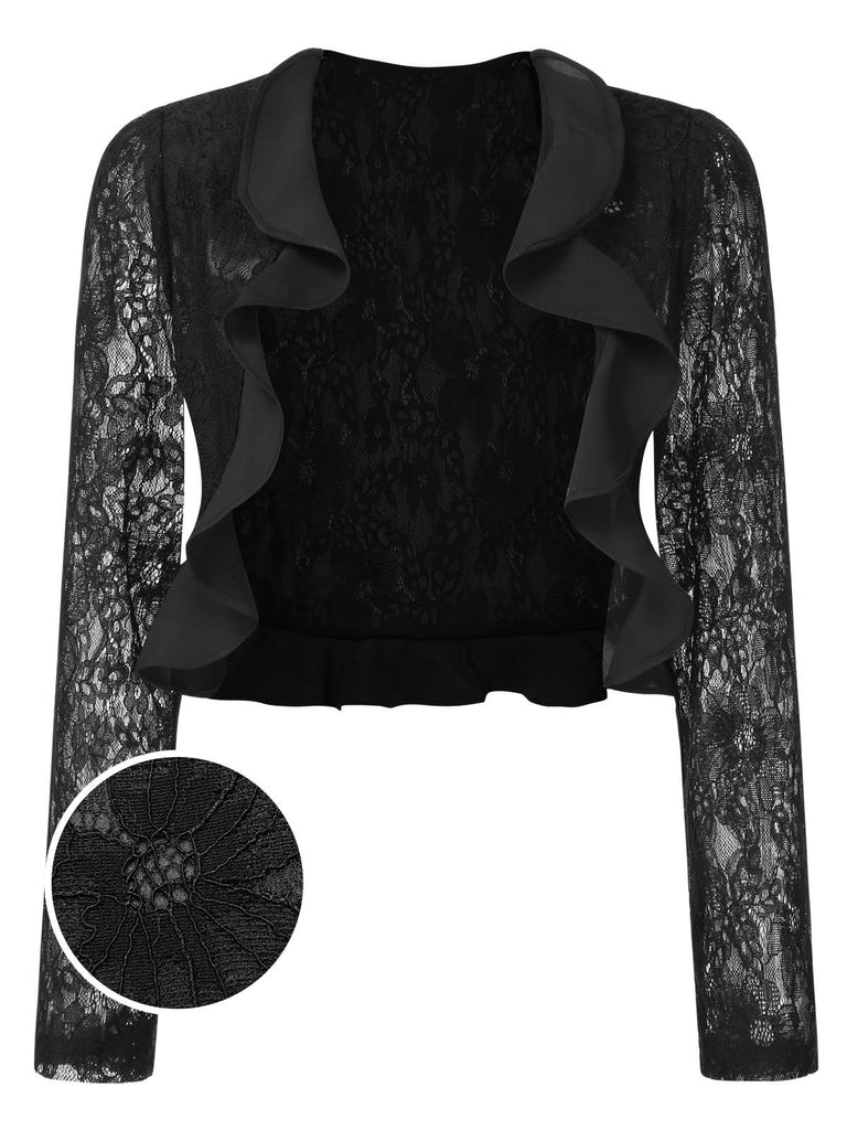 [Prévente] Veste vintage noire à volants en dentelle années 1950