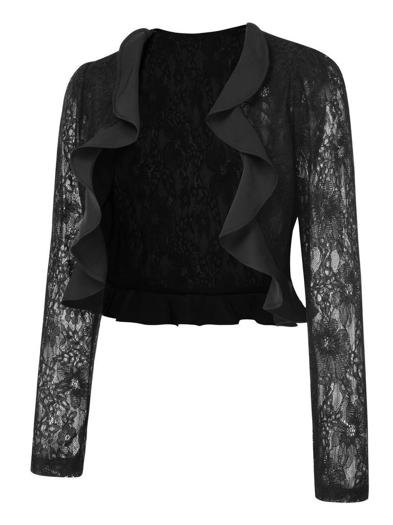 [Prévente] Veste vintage noire à volants en dentelle années 1950