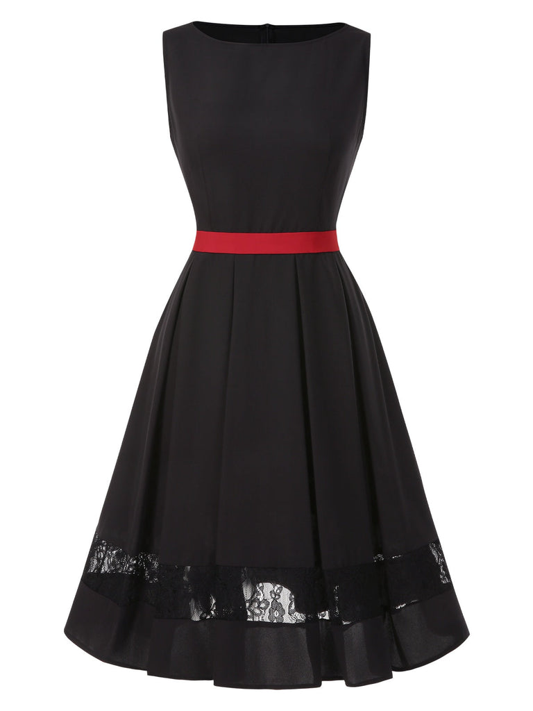 [Pré-vente] Robe noire à col bateau en dentelle contrastée des années 1950
