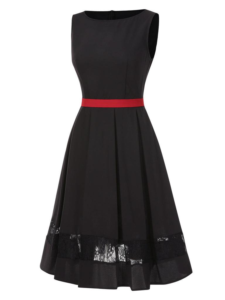 [Pré-vente] Robe noire à col bateau en dentelle contrastée des années 1950