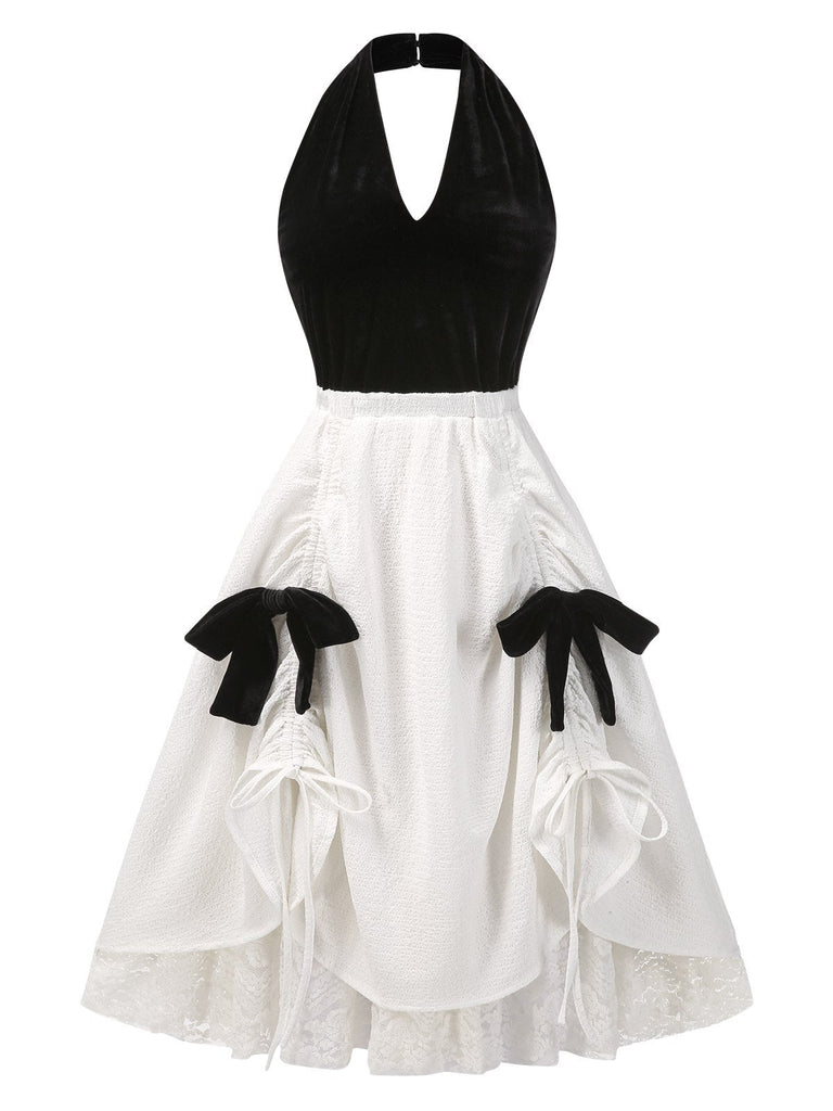 [Pré-vente] Robe blanche col licou en velours et dentelle des années 1950