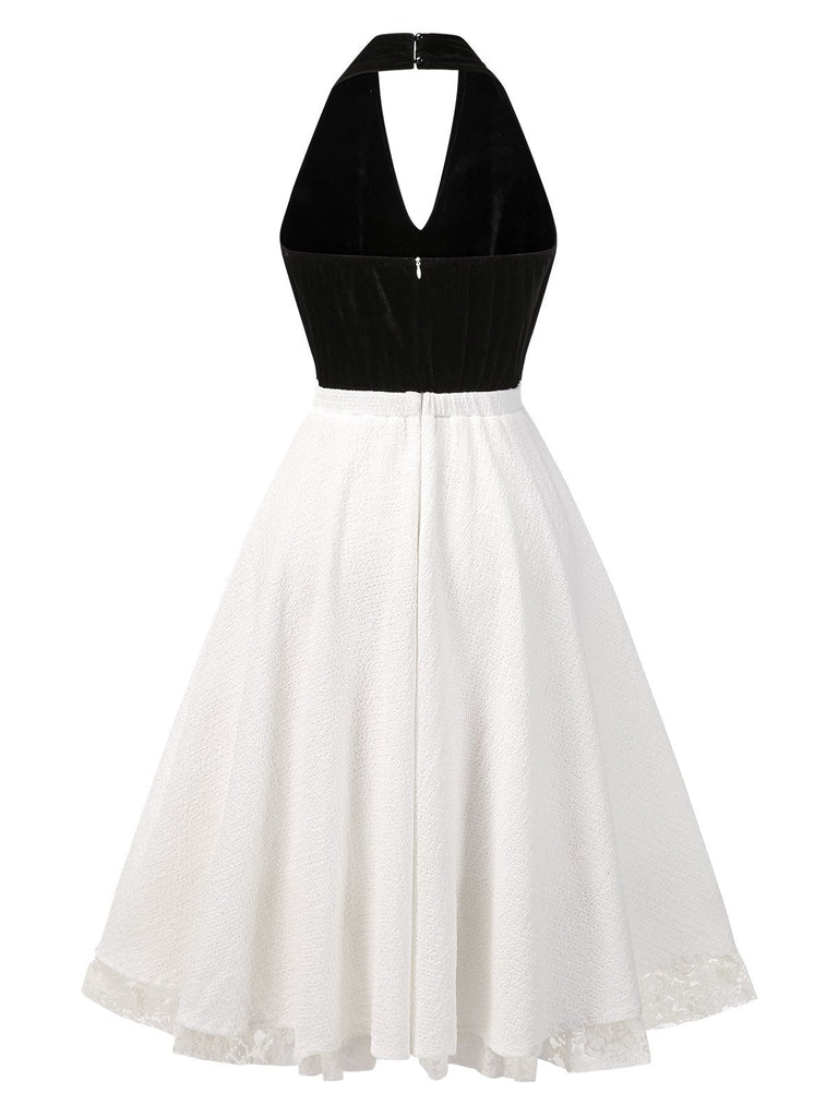 [Pré-vente] Robe blanche col licou en velours et dentelle des années 1950