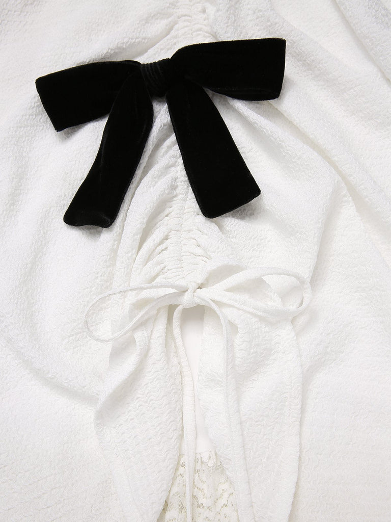 [Pré-vente] Robe blanche col licou en velours et dentelle des années 1950