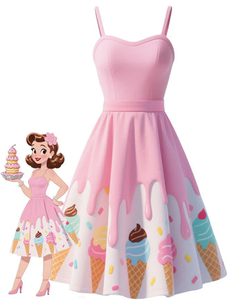 Robe rose col en cœur et motif glace des années 1950