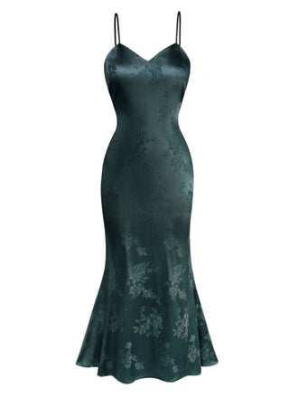 Robe sirène en satin et bretelles uni motif floral jacquard années 1930