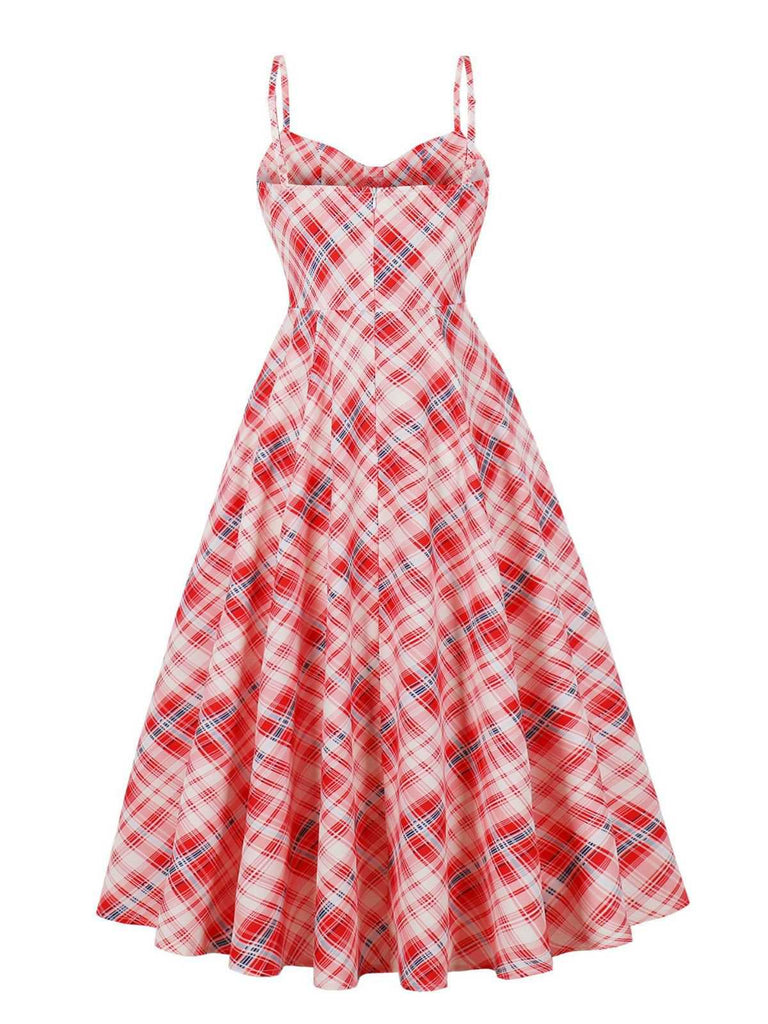 Robe trapèze rouge à bretelles spaghetti à carreaux des années 1950