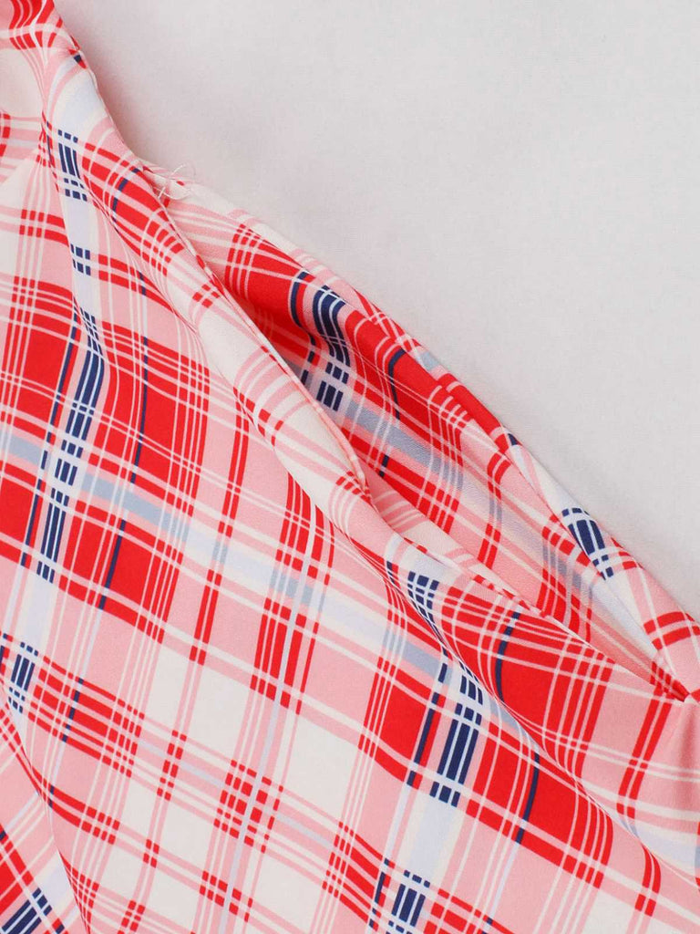 Robe trapèze rouge à bretelles spaghetti à carreaux des années 1950