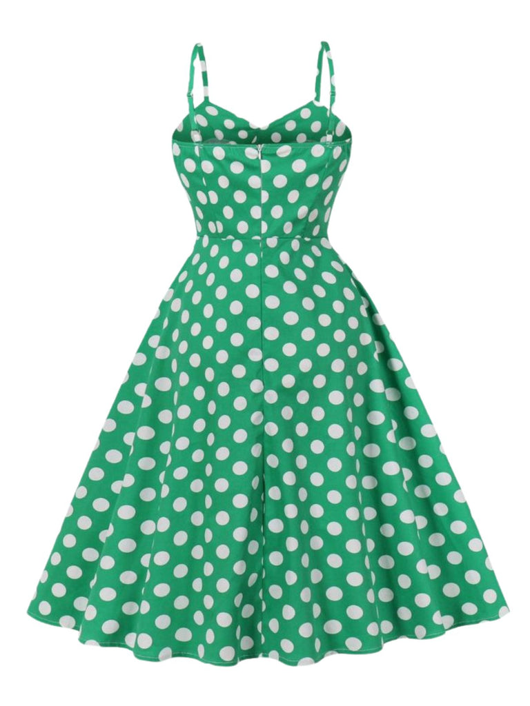 Robe verte à pois à bretelles spaghetti années 1950