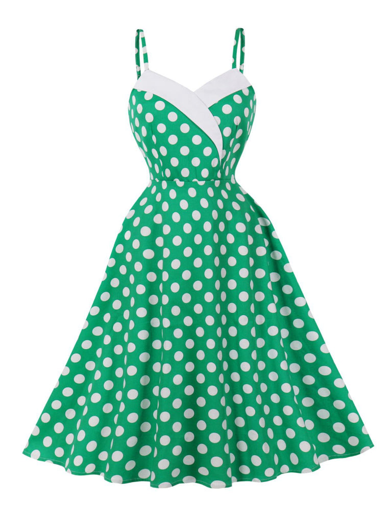 Robe verte à pois à bretelles spaghetti années 1950