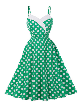 Robe verte à pois à bretelles spaghetti années 1950