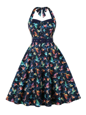 Robe col licou motif oiseaux ceinturée multicolore des années 1950