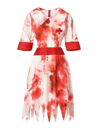 Robe rouge d'infirmière zombie d'Halloween des années 1950 avec taches de sang