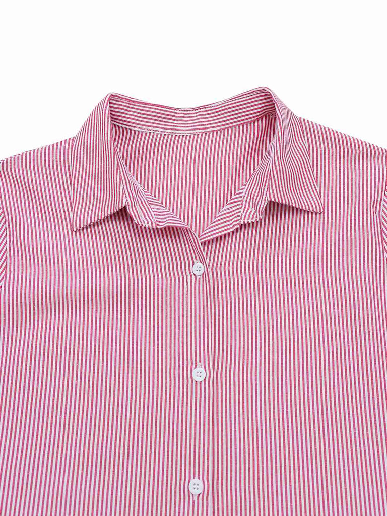 Chemisier rose à rayures et lacets à manches cloche années 1950